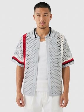boohooMAN Gray Oversized Boxy Open Knit Abstract Stripe Shirt - Medium